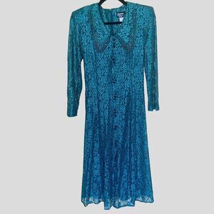 Vintage Dawn Joy 80’s Green Sheer Lace Dress Prairie Goth Valley Girl Madonna XL